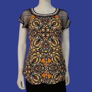ECI Y2k Mesh Sleeve Psychedelic Mandala Goth Short Sleeve Blouse